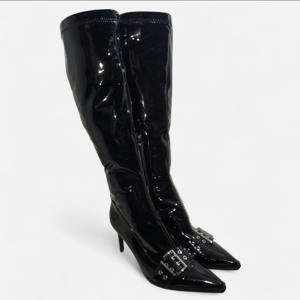 (UNISEX)Black Patent Leather Knee-High Boots